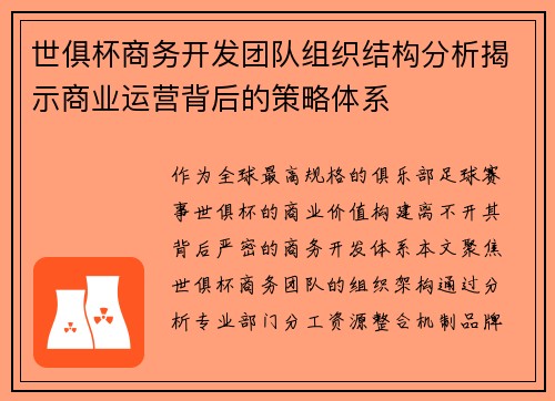 世俱杯商务开发团队组织结构分析揭示商业运营背后的策略体系